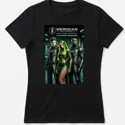 Cinematic sci-fi design featuring three characters in futuristic outfits with genetic cloning themes — printed on a women's shirt