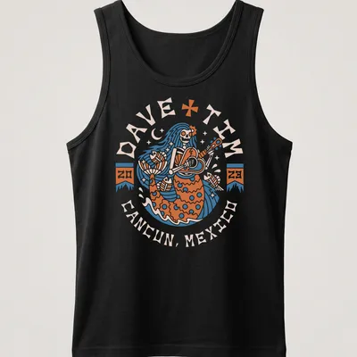 Vintage design of a mermaid playing guitar with text above in blue, orange, and cream — printed on a tank top