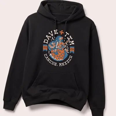 Vintage design of a mermaid playing guitar with text above in blue, orange, and cream — printed on a unisex hoodie
