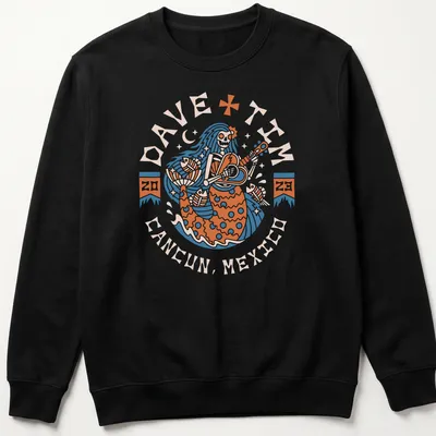 Vintage design of a mermaid playing guitar with text above in blue, orange, and cream — printed on a unisex sweatshirt