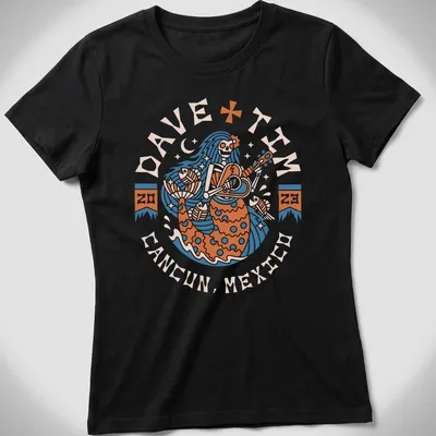 Vintage design of a mermaid playing guitar with text above in blue, orange, and cream — printed on a women's shirt