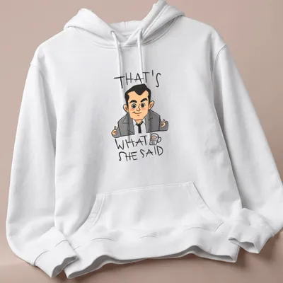 Cartoon illustration of Michael Scott with the text 'That's What She Said' in a humorous style. — printed on a unisex hoodie