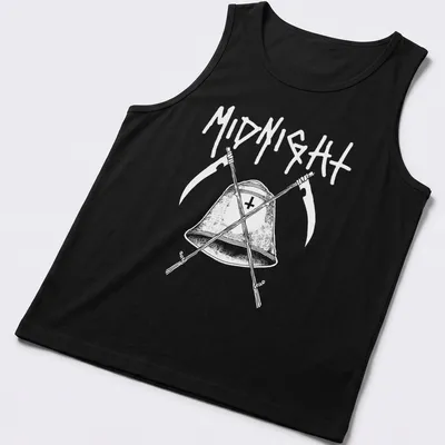 Gothic band logo t-shirt with a bell and scythes in black and white — printed on a tank top