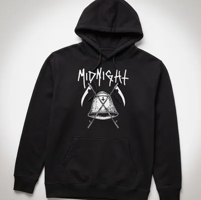 Gothic band logo t-shirt with a bell and scythes in black and white — printed on a unisex hoodie