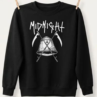 Gothic band logo t-shirt with a bell and scythes in black and white — printed on a unisex sweatshirt