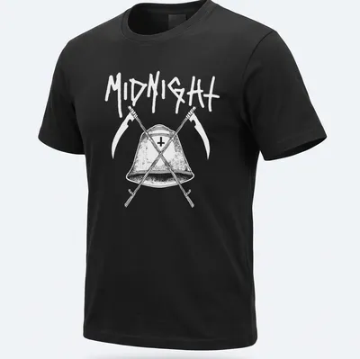 Gothic band logo t-shirt with a bell and scythes in black and white