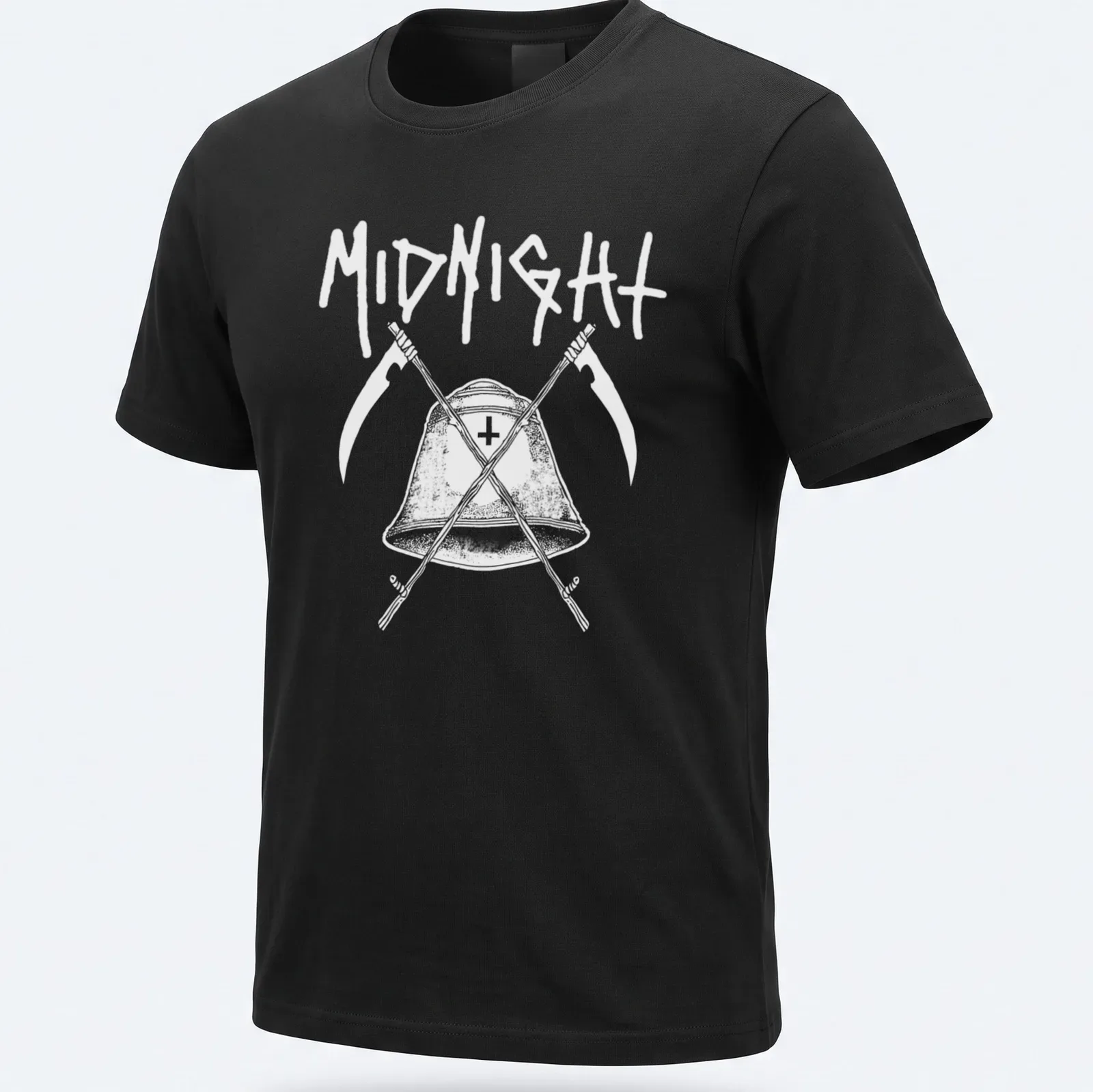 Gothic band logo t-shirt with a bell and scythes in black and white — printed on a unisex t-shirt