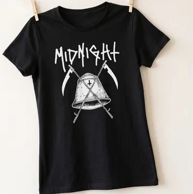 Gothic band logo t-shirt with a bell and scythes in black and white — printed on a women's shirt