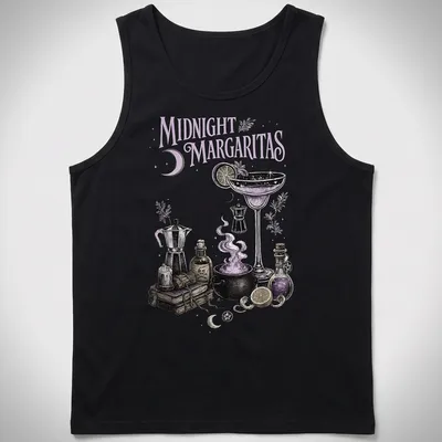 Vintage illustration of a cocktail glass with whimsical text about magical ingredients — printed on a tank top