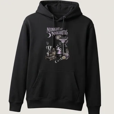 Vintage illustration of a cocktail glass with whimsical text about magical ingredients — printed on a unisex hoodie