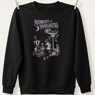 Vintage illustration of a cocktail glass with whimsical text about magical ingredients — printed on a unisex sweatshirt