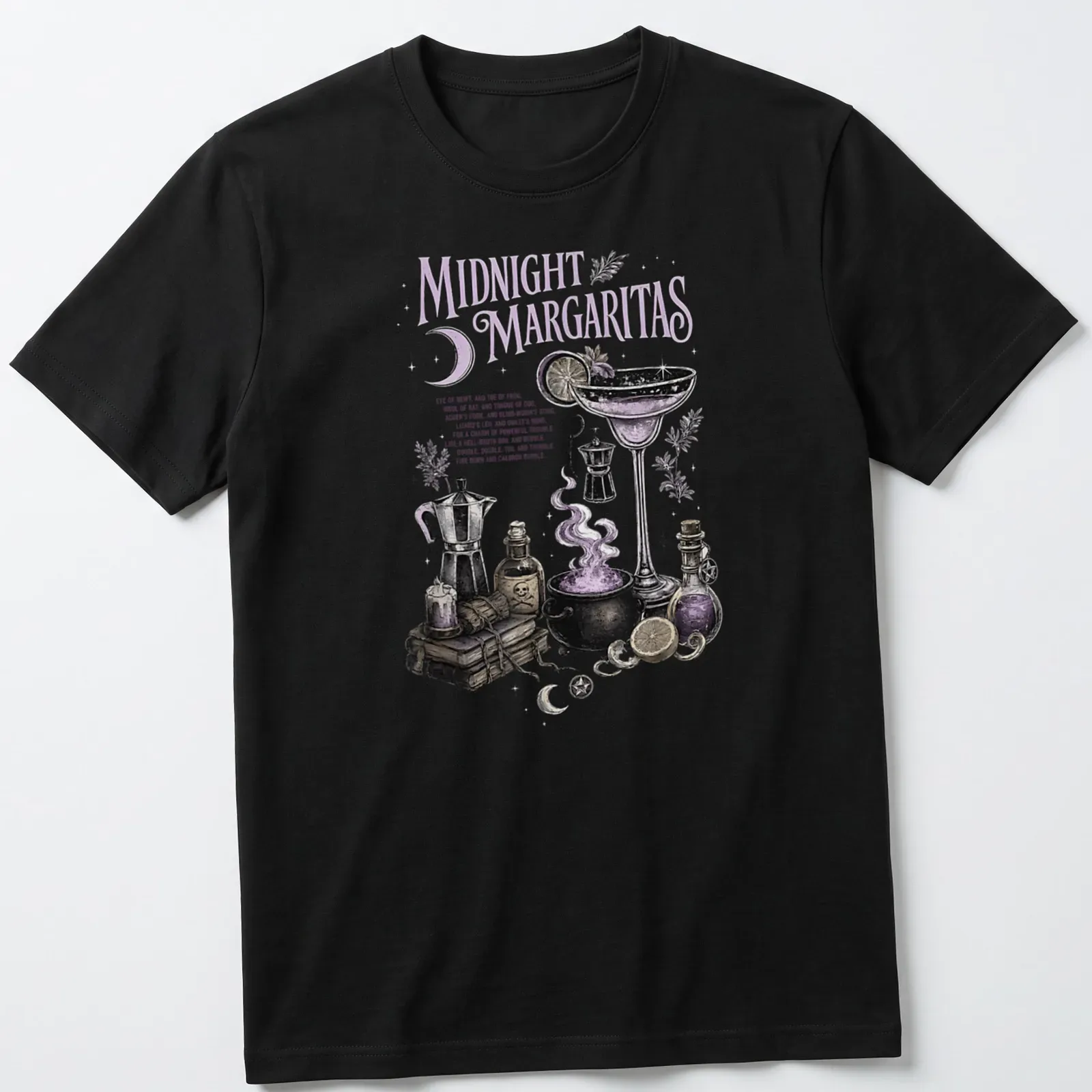 Vintage illustration of a cocktail glass with whimsical text about magical ingredients — printed on a unisex t-shirt