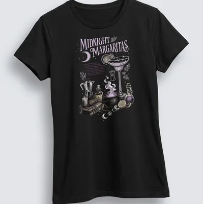 Vintage illustration of a cocktail glass with whimsical text about magical ingredients — printed on a women's shirt