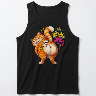 Graffiti-style illustration of an orange cat with 'Kick Me Kick Me' text — printed on a tank top