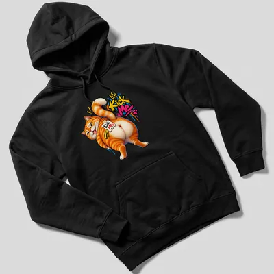 Graffiti-style illustration of an orange cat with 'Kick Me Kick Me' text — printed on a unisex hoodie