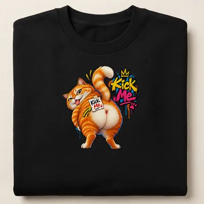 Graffiti-style illustration of an orange cat with 'Kick Me Kick Me' text — printed on a unisex sweatshirt