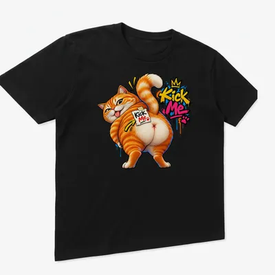 Graffiti-style illustration of an orange cat with 'Kick Me Kick Me' text — printed on a unisex t-shirt (angled view)