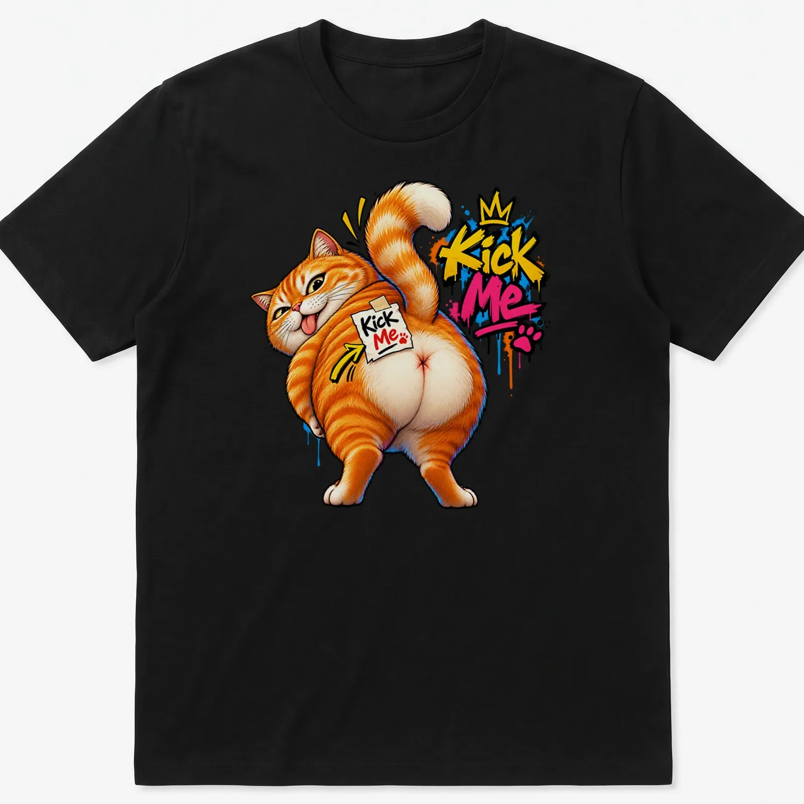 Graffiti-style illustration of an orange cat with 'Kick Me Kick Me' text — printed on a unisex t-shirt
