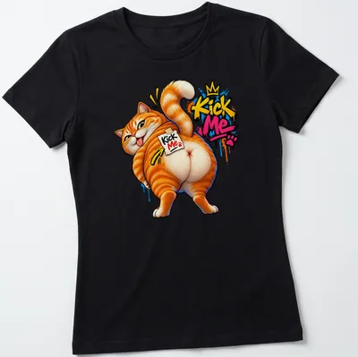 Graffiti-style illustration of an orange cat with 'Kick Me Kick Me' text — printed on a women's shirt