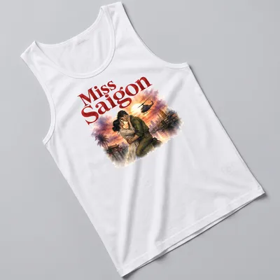 Watercolor illustration of a romantic couple with Miss Saigon text — printed on a tank top