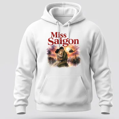 Watercolor illustration of a romantic couple with Miss Saigon text — printed on a unisex hoodie