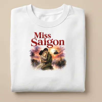 Watercolor illustration of a romantic couple with Miss Saigon text — printed on a unisex sweatshirt