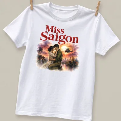 Watercolor illustration of a romantic couple with Miss Saigon text — printed on a unisex t-shirt