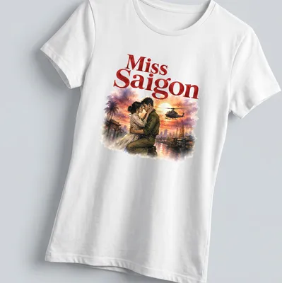 Watercolor illustration of a romantic couple with Miss Saigon text — printed on a women's shirt