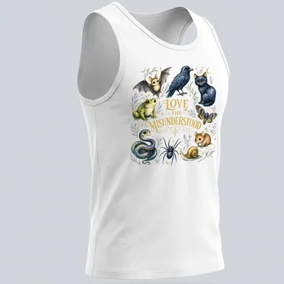 Whimsical illustration of various misunderstood animals with the text 'LOVE THE MISUNDERSTOOD' — printed on a tank top