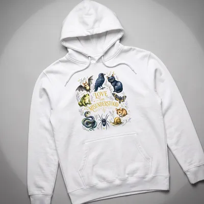 Whimsical illustration of various misunderstood animals with the text 'LOVE THE MISUNDERSTOOD' — printed on a unisex hoodie