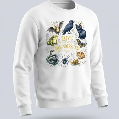 Whimsical illustration of various misunderstood animals with the text 'LOVE THE MISUNDERSTOOD' — printed on a unisex sweatshirt