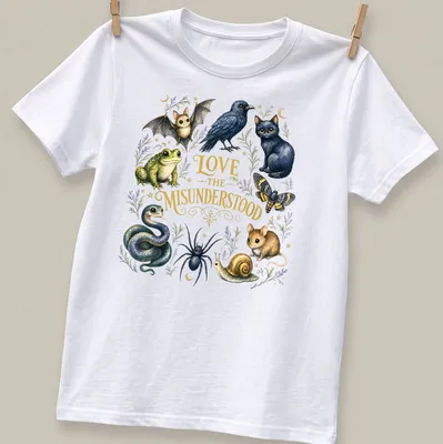 Whimsical illustration of various misunderstood animals with the text 'LOVE THE MISUNDERSTOOD'