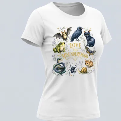 Whimsical illustration of various misunderstood animals with the text 'LOVE THE MISUNDERSTOOD' — printed on a women's shirt