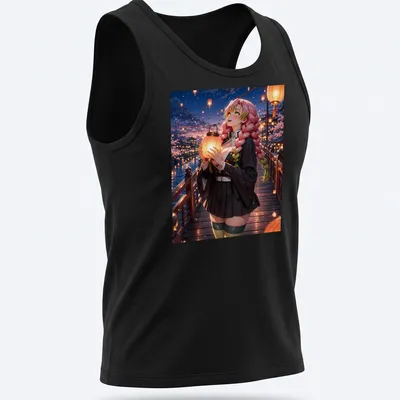 Anime style T-shirt featuring Mitsuri Kanroji holding a lantern at a festival — printed on a tank top