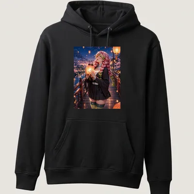 Anime style T-shirt featuring Mitsuri Kanroji holding a lantern at a festival — printed on a unisex hoodie