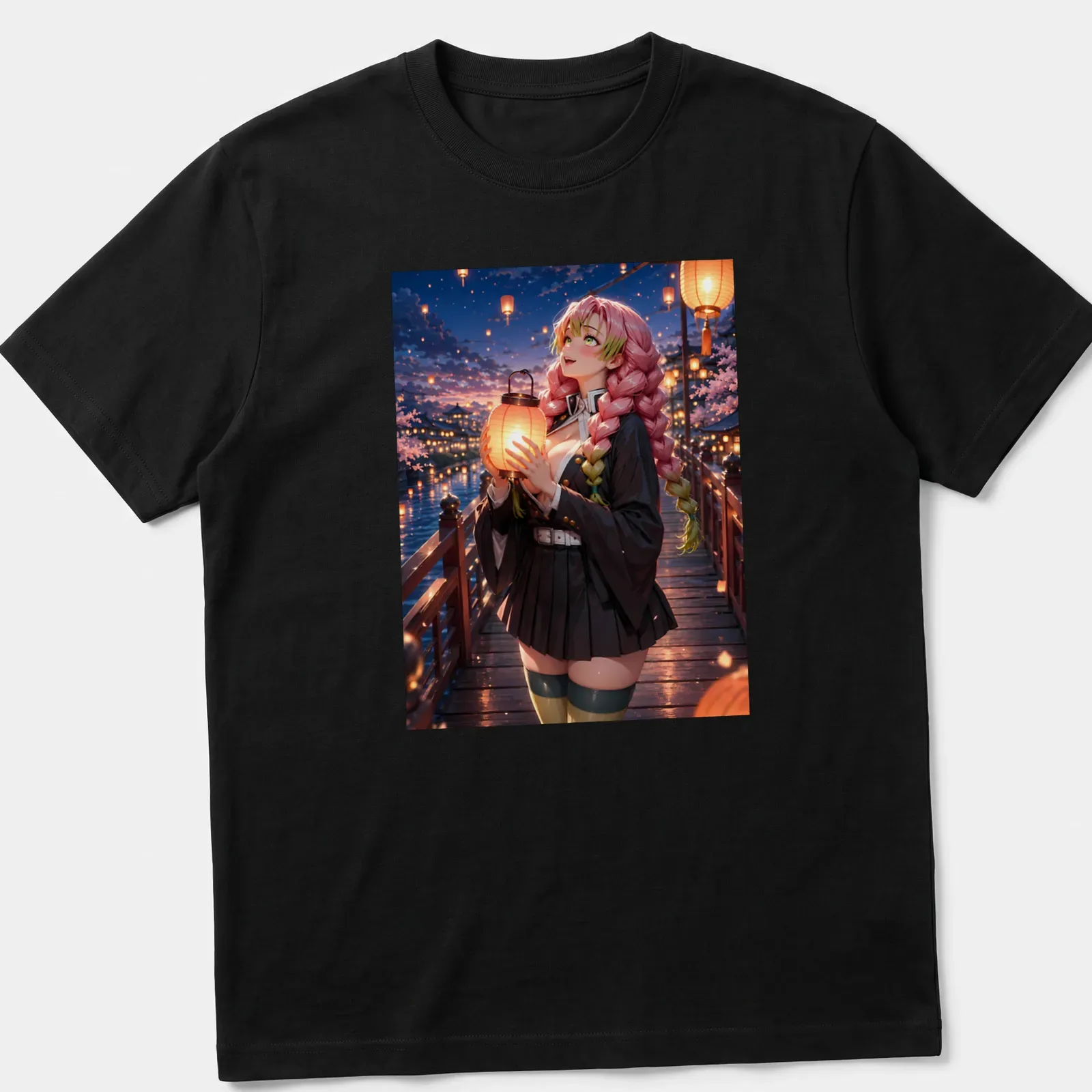 Anime style T-shirt featuring Mitsuri Kanroji holding a lantern at a festival — printed on a unisex t-shirt