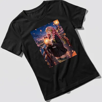 Anime style T-shirt featuring Mitsuri Kanroji holding a lantern at a festival — printed on a women's shirt