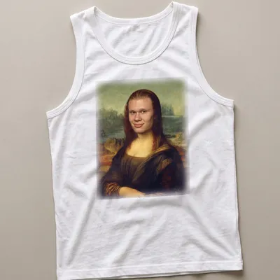Parody art of Mona Lisa with Erling Haaland's face in brown and green — printed on a tank top
