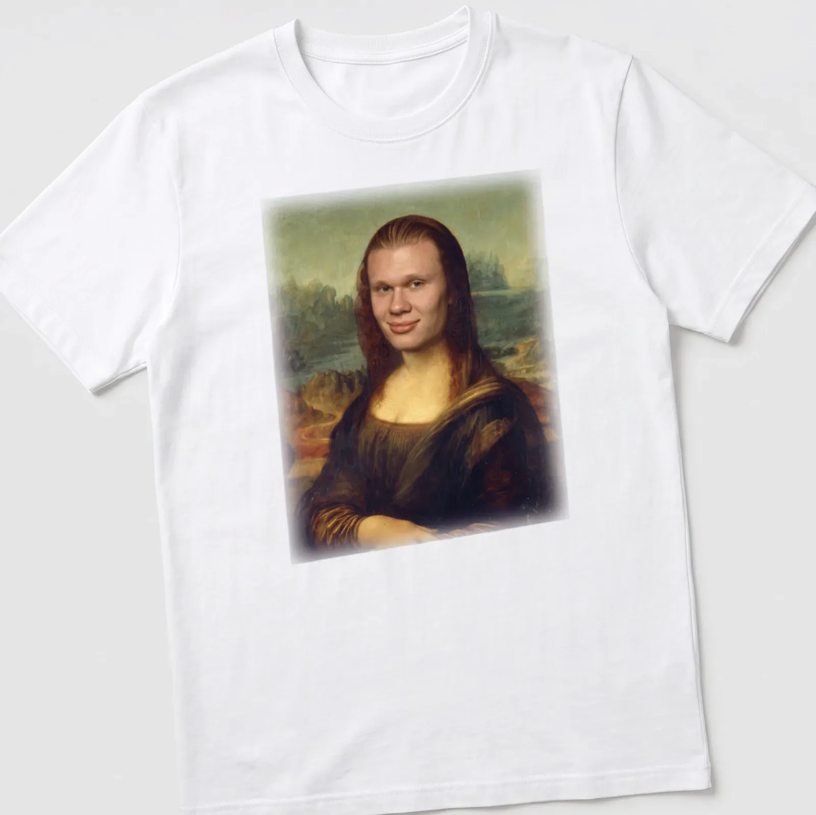 Parody art of Mona Lisa with Erling Haaland's face in brown and green — printed on a unisex t-shirt