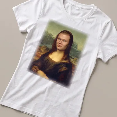 Parody art of Mona Lisa with Erling Haaland's face in brown and green — printed on a women's shirt