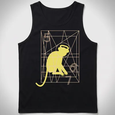 Geometric line art of a monkey with text 'Monkey Gone To Heaven' in yellow and light orange. — printed on a tank top