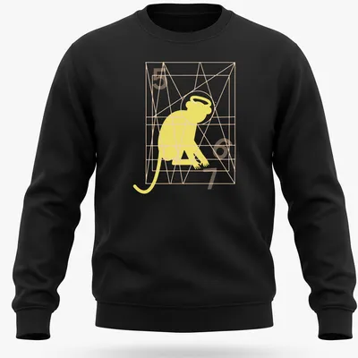 Geometric line art of a monkey with text 'Monkey Gone To Heaven' in yellow and light orange. — printed on a unisex sweatshirt