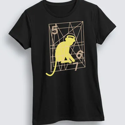 Geometric line art of a monkey with text 'Monkey Gone To Heaven' in yellow and light orange. — printed on a women's shirt