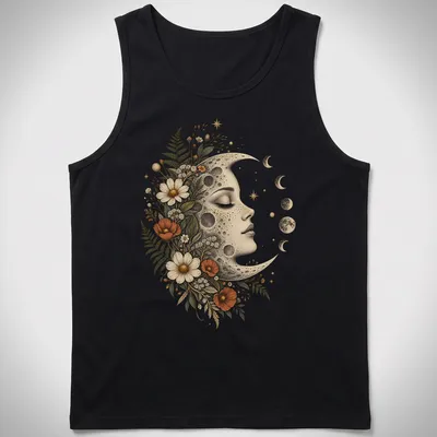 Vintage-style T-shirt featuring a moon with floral elements and a face — printed on a tank top