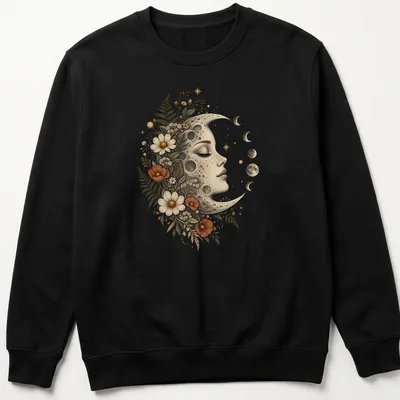 Vintage-style T-shirt featuring a moon with floral elements and a face — printed on a unisex sweatshirt