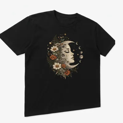 Vintage-style T-shirt featuring a moon with floral elements and a face — printed on a unisex t-shirt (angled view)