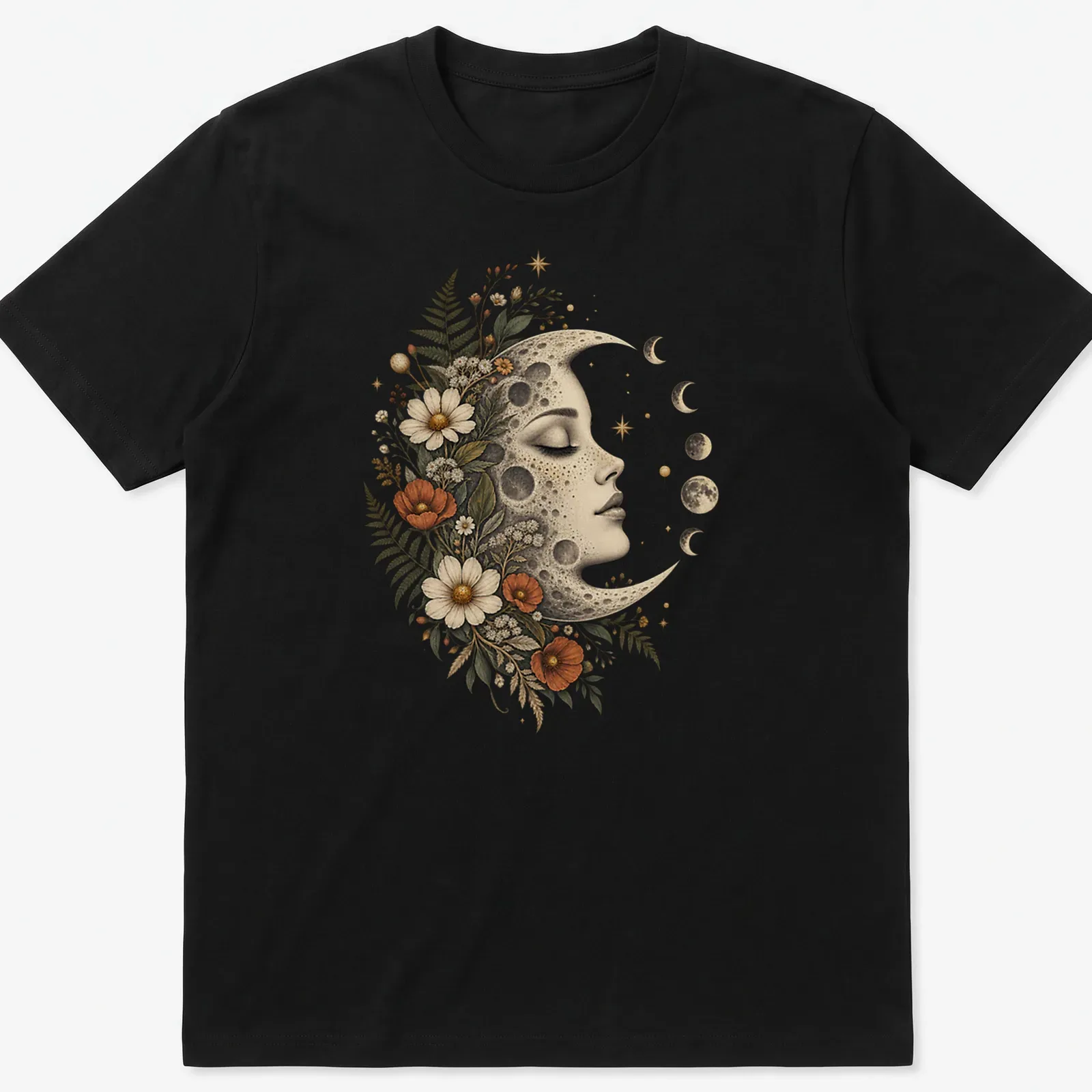 Vintage-style T-shirt featuring a moon with floral elements and a face — printed on a unisex t-shirt