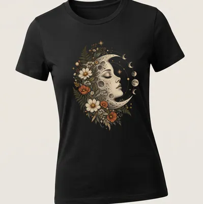 Vintage-style T-shirt featuring a moon with floral elements and a face — printed on a women's shirt