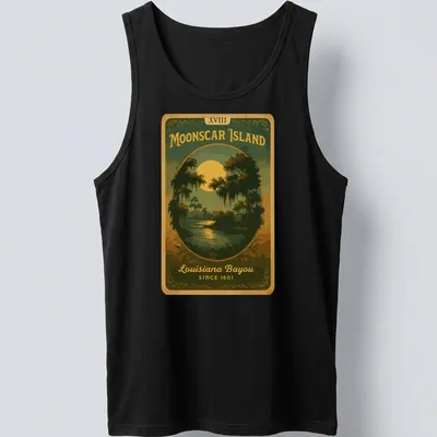 Vintage design featuring Moonscar Island text with bayou themes in green, yellow, brown, and black. — printed on a tank top