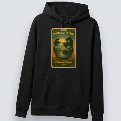 Vintage design featuring Moonscar Island text with bayou themes in green, yellow, brown, and black. — printed on a unisex hoodie
